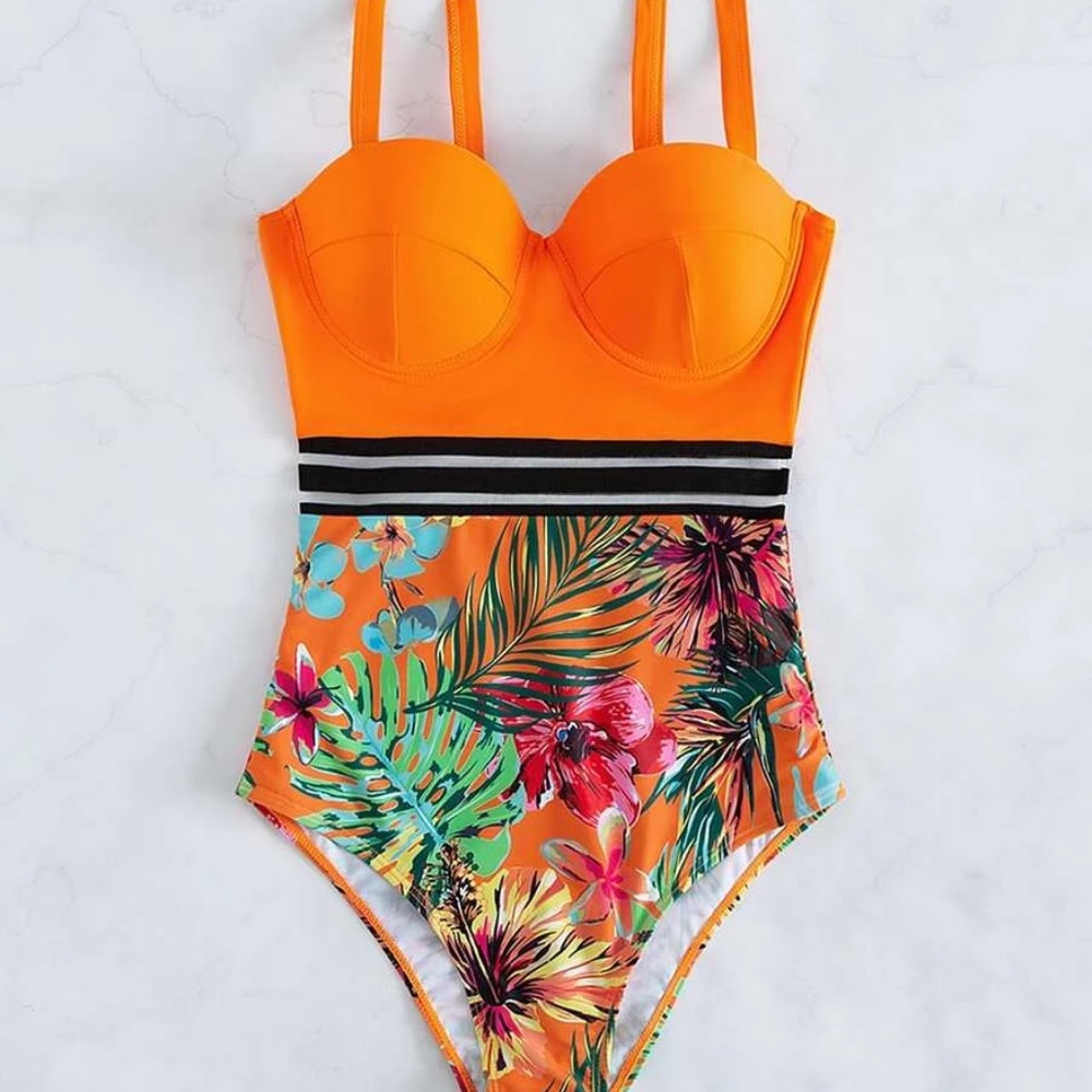 Tropical Floral Print Monokini One Piece Swim Beach - Picture 6 of 9